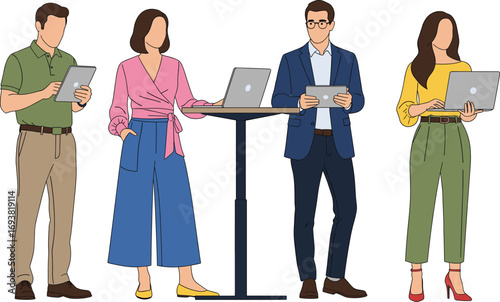Modern business professionals standing and working together using laptops and tablets around high table, representing teamwork and digital collaboration concept.