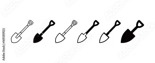 A set of diverse spade and shovel icons in vector format, representing gardening, construction, and tools.