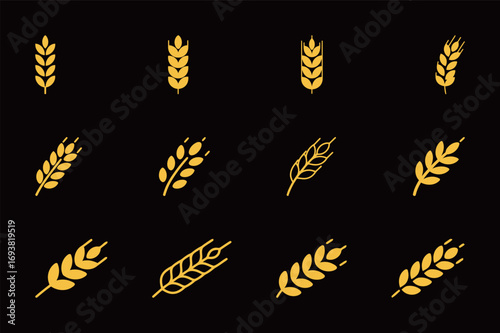 A set of various wheat and grain icons on a black background, representing agriculture and food production.