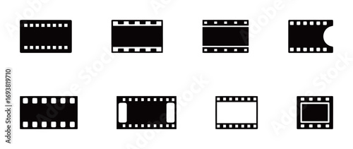 A set of various film strip and movie reel icons in vector format, representing cinema and media.