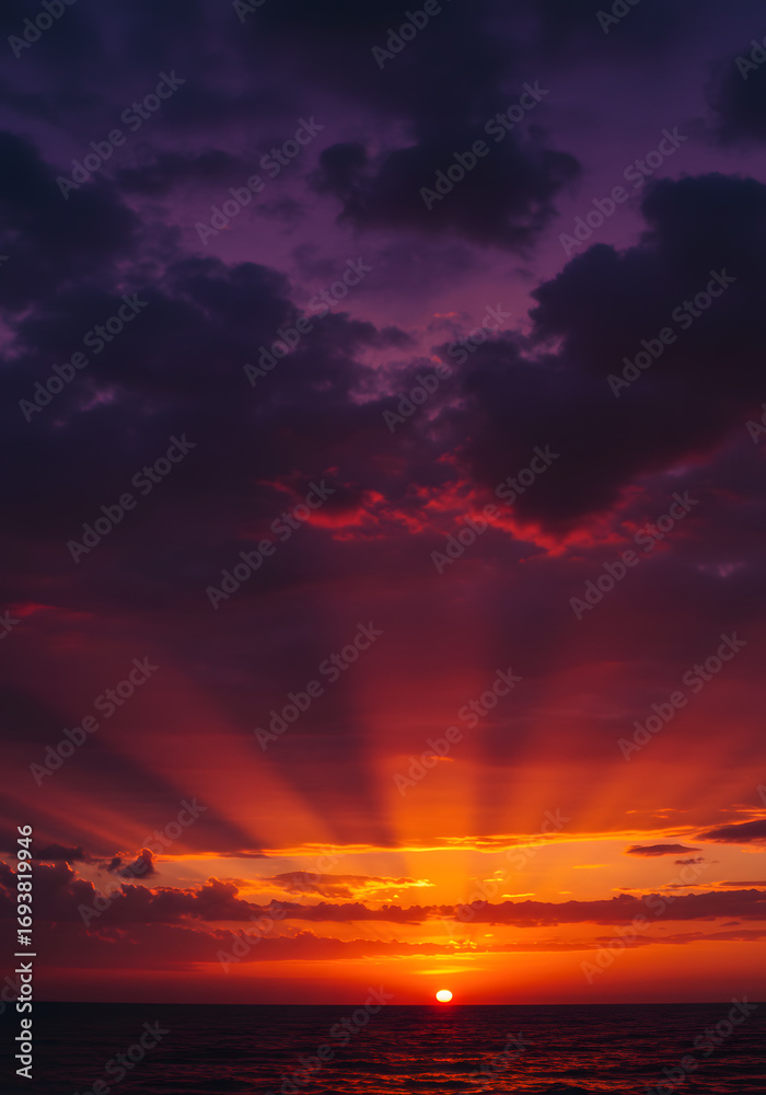 Obraz premium Dramatic Sunset Over Ocean Radiant Sunbeams, Fiery Sky, Cloudscape, Nature's Beauty, Evening Glow.