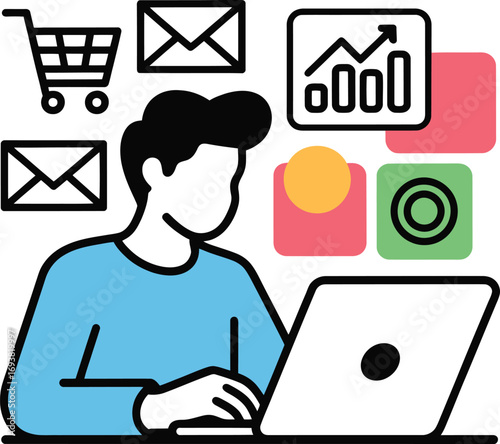 Professional analyzing business data on laptop surrounded by communication and shopping icons