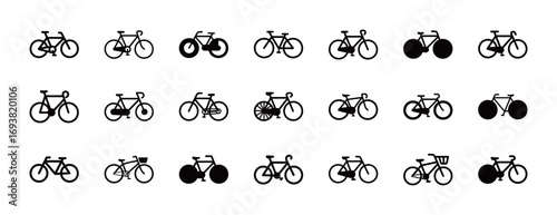 Set of various bicycle icons in different styles, black silhouettes of bikes on a white background