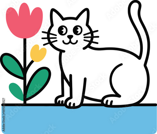 Charming white cat sits near vibrant pink and yellow flowers on a blue surface.