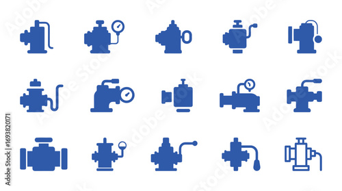 Set of water pipe and fire hydrant icons, a collection of industrial valve and connection symbols for design