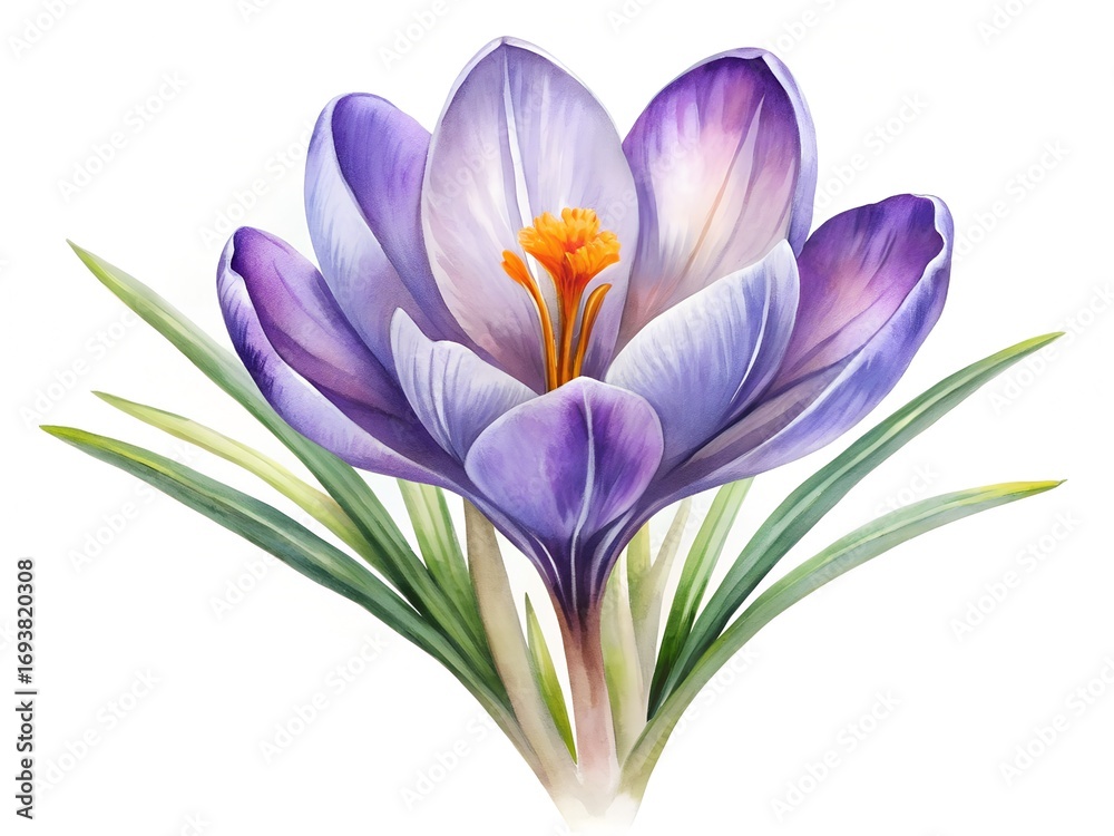 Obraz premium Watercolor flower watercolor painting of a purple and white crocus flower with green leaves isolated on white background