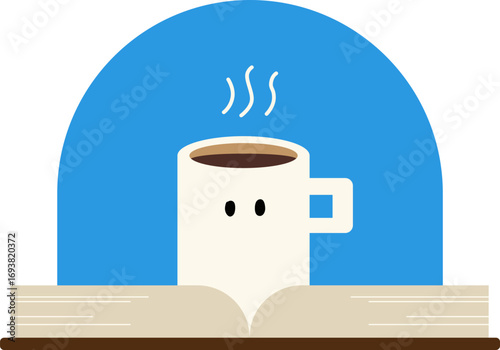 책 위에 놓인 커피 일러스트, 독서와 커피 플랫 벡터, 카페 감성 휴식 그림, 아침 루틴과 힐링 타임 아이콘, cozy coffee with book illustration, flat design character cup, simple minimal vector, lifestyle study and cafe vibes