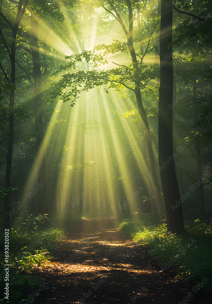 Obraz premium Enchanting Forest Path Sunlight Streaming Through Trees - Nature, Serene Landscape, Trail.