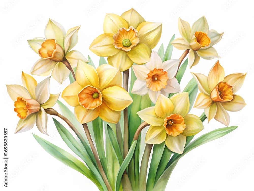 Naklejka premium Watercolor flower a beautiful watercolor bouquet of yellow daffodils isolated on white background