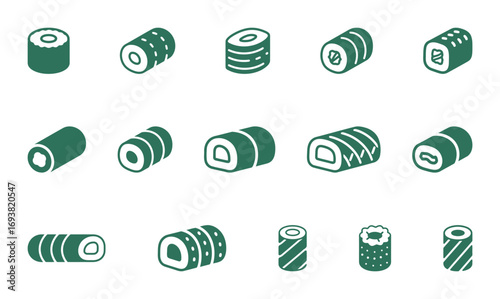 A set of green sushi roll icons, different styles of maki and futomaki silhouettes on a white background