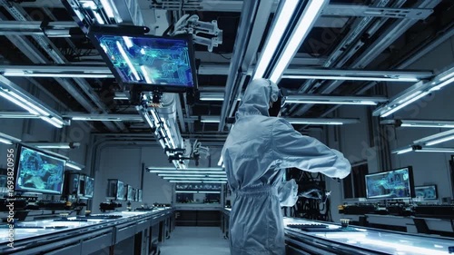 Engineer in protective suit analyzes holographic circuit displays in futuristic high-tech manufacturing facility with robotic arms