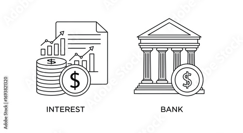Vector illustration of financial icons including a bank, coins, and a graph showing interest