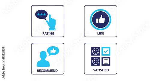 Vector illustration of set of four customer feedback icons including rating, like, recommend, and satisfaction survey