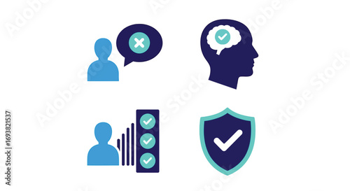 Vector illustration of set of four icons representing decision making, critical thinking, progress tracking, and security