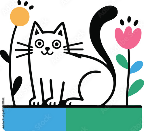 Charming white cat sits amidst vibrant stylized flowers and greenery in a playful design