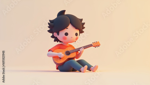 Young boy playing acoustic guitar, smiling widely, seated against minimalist background, radiating musical joy