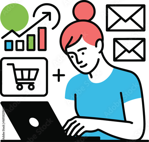 Businesswoman analyzing sales data and managing online orders on a laptop