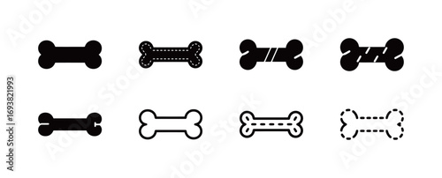 Set of black and white dog bone icons, a collection of pet chew toy and food symbols