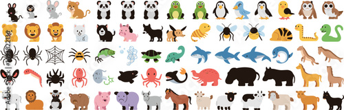 Cute animal vector icon set including pets, farm animals, wild animals, marine creatures, insects, and birds in flat style