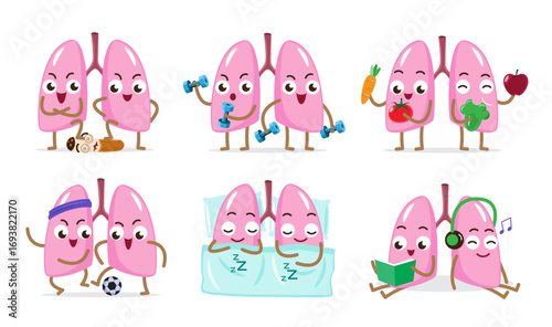 Set of healthy and strong lung cartoon illustration . Isolated white background . Vector .
