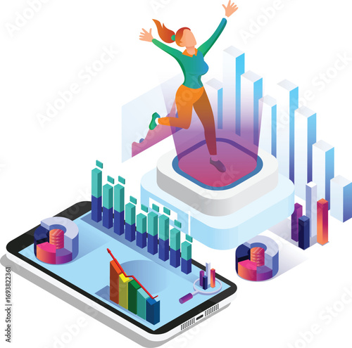 Business concept infographic design. Businesswoman 3D character flat ambitious People. Career ambition changing role winning Startup group training goal setting and team management illustration