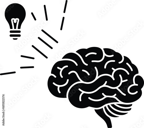 Creative brain idea icon, vector human intelligence symbol, lightbulb inspiration concept, innovation, smart thinking design, mental power, problem solving illustration