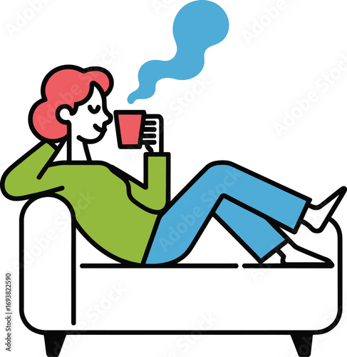 Relaxed person enjoying a warm beverage on a comfortable sofa in a peaceful moment