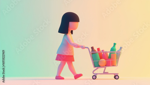 3d rendering depicting young woman navigating shopping cart loaded with groceries, symbolizing consumer culture against colorful background, emphasizing retail lifestyle