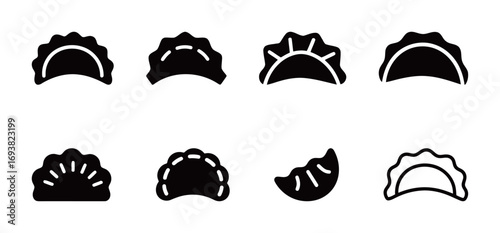 Set of black dumpling and gyoza icons, a collection of delicious asian food and cuisine symbols