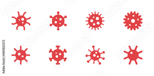 Set of red virus icons, a collection of coronavirus and germ symbols for health and science designs
