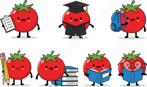 Cute cartoon tomato characters studying, education concept, back to school, funny fruits, learning tools, reading books, school supplies, digital art.
