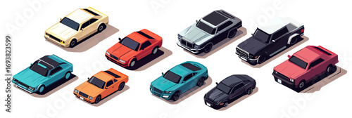 Isometric vector illustration of diverse modern cars and pickup trucks in flat minimalist style viewed from above with shadows and reflections in transportation technology concept design
