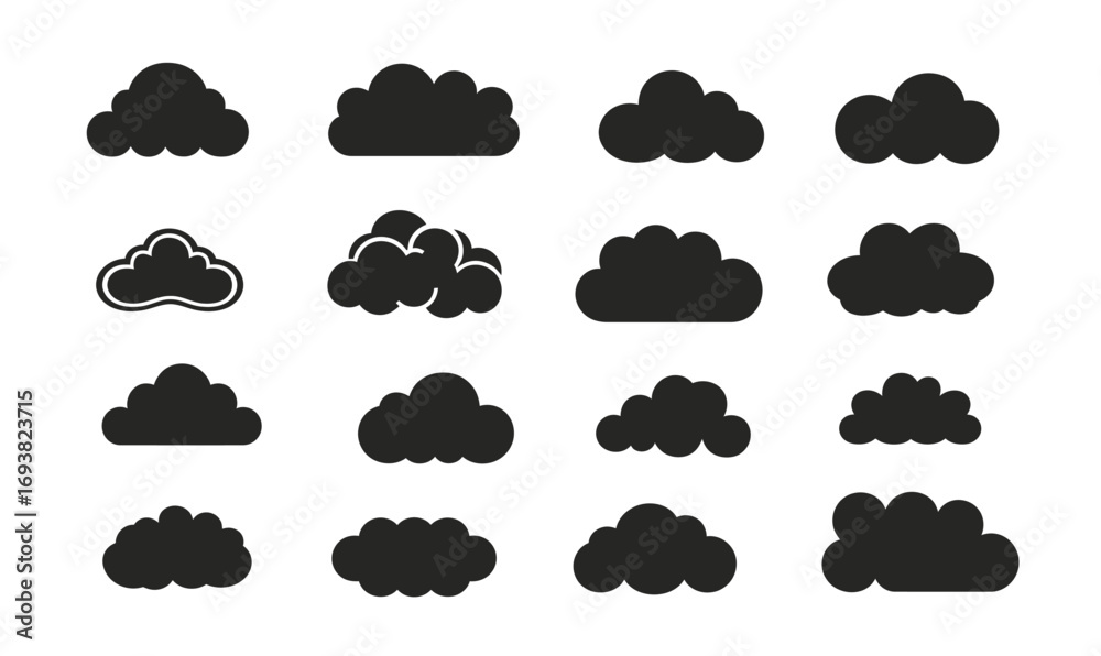 Obraz premium Set of sixteen simple black cloud icons in different flat minimalist shapes isolated on white background for weather and nature design collection vector illustration