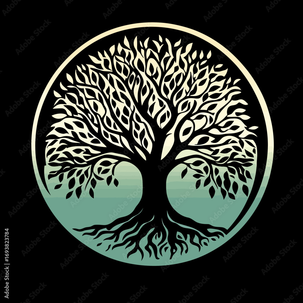Naklejka premium Circular tree of life logo with intricate roots and branches silhouette in gradient green and beige minimalist design on black background for environmental or spiritual themes vector illustration
