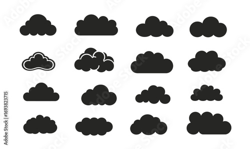 Set of sixteen simple black cloud icons in different flat minimalist shapes isolated on white background for weather and nature design collection vector illustration