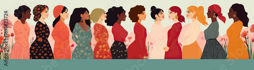 Diverse group of women standing in profile facing each other in elegant colorful dresses representing unity strength solidarity in flat minimalist style vector illustration
