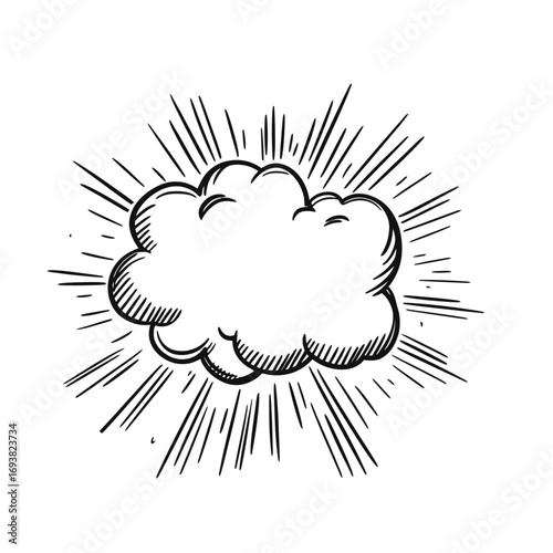 Hand drawn explosion cloud doodle sketch with radiating lines, comic style burst vector illustration on white background, simple cartoon burst element for design and decoration