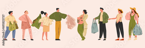 Group of diverse people shopping for second hand clothes wearing casual outfits holding shopping bags and garments in flat minimalist style vector illustration