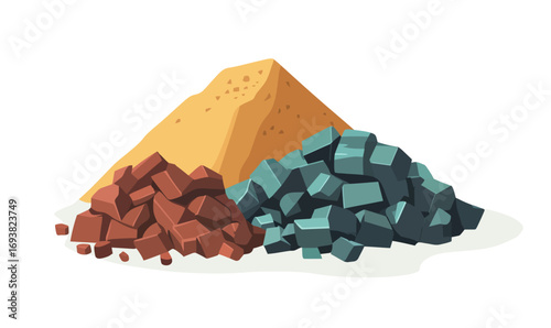 Piles of construction materials including reddish bricks, blue-gray crushed stone, and a large mound of sand in flat minimalist vector style for building supply concept