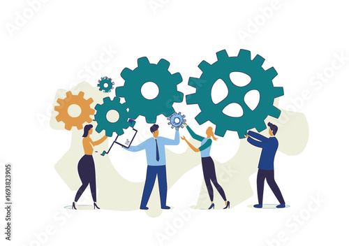 Business people teamwork connecting large colorful gears together symbolizing collaboration cooperative effort and joint productivity in flat vector style