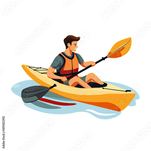 Man kayaking in yellow kayak wearing life jacket paddling on calm water outdoor recreational sport activity vector illustration