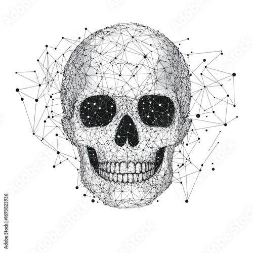 Polygonal human skull wireframe with connecting dots and lines, abstract geometric anatomy, digital low poly network structure vector illustration