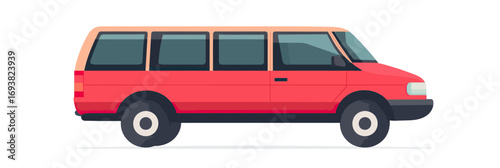 Red minivan side view with tinted windows and black wheels isolated on white background flat minimalist vector illustration