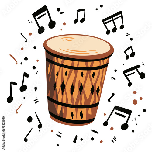 Minimalist vector illustration of hand drum with geometric pattern surrounded by musical notes in flat style for rhythmic music concept