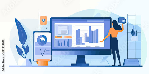 Business analytics dashboard with woman analyzing data charts on large computer monitor in modern office workspace vector illustration design
