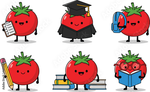 Cute cartoon tomato characters with school supplies, studying and learning concept, education theme, funny fruit illustrations, reading and writing.
