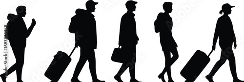 Group of travelers walking with luggage, tourists with backpacks and suitcases, travel concept, vacation journey, business trip, airport transit, people walking outdoors