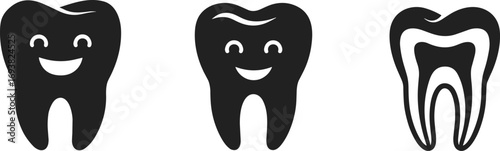 Happy smiling tooth icons, dental health illustrations, healthy teeth symbols, tooth anatomy vector, oral care icons, dental hygiene design, tooth root illustration