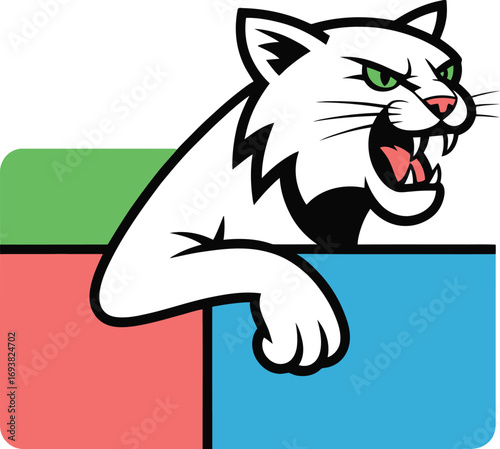 Fierce white panther mascot roaring with green eyes and sharp teeth over colored blocks