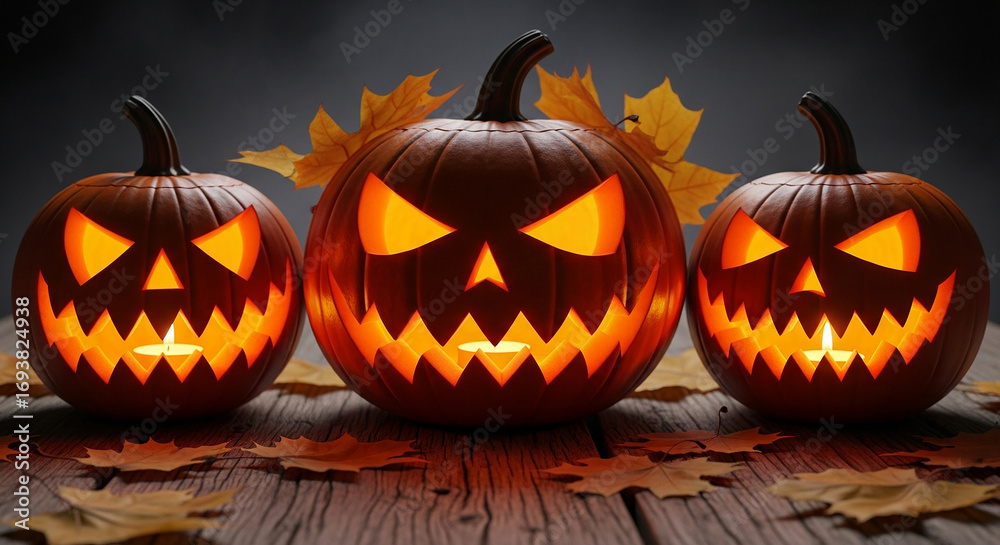 Obraz premium Close up of glowing carved halloween pumpkins with spooky faces